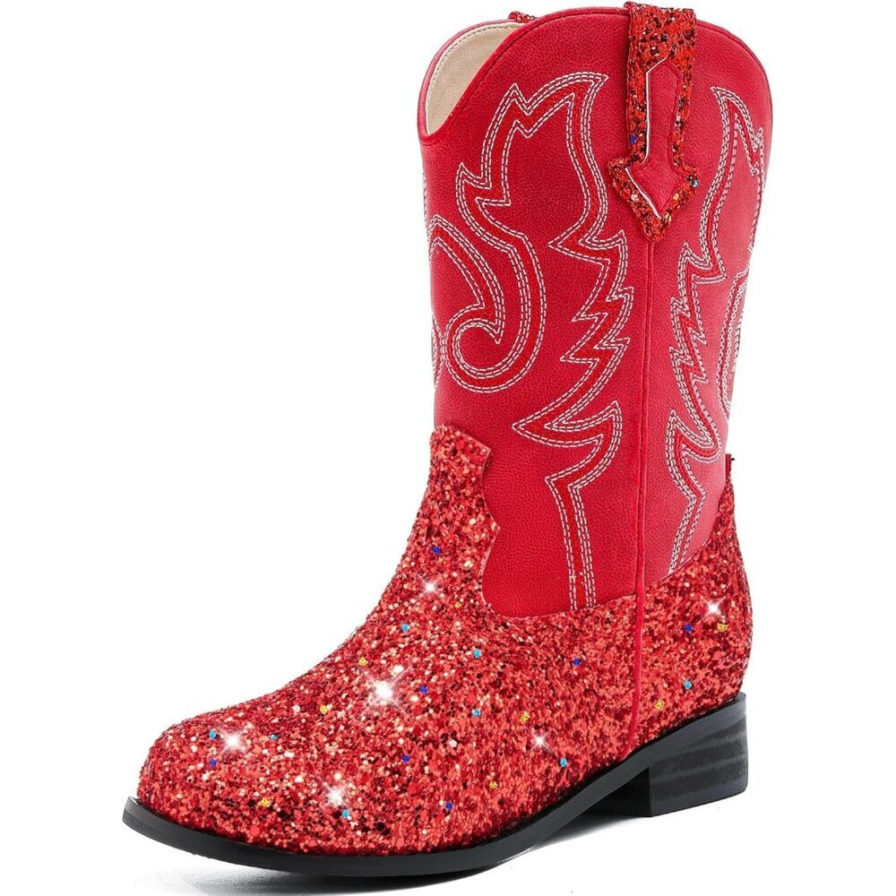 Unisex Child Red Mid Calf Glitter Toddler Cowboy Boot Little Big Kids Western